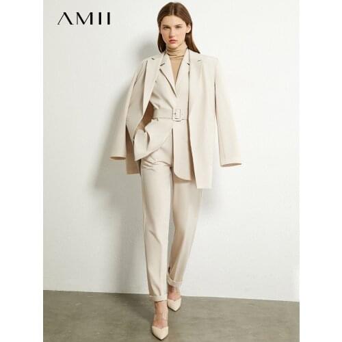 AMII Minimalism Autumn Womens suit Blazer Causal Pants Lapel Office Coat Solid Vest High Waist Womens Suit Pants 12070325