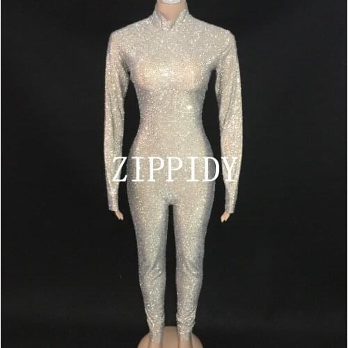 Fashion Glisten AB Rhinestones Nude Jumpsuit long Sleeves Stones Bodysuit Performance Party luxurious Sexy Costume Dance Outfit