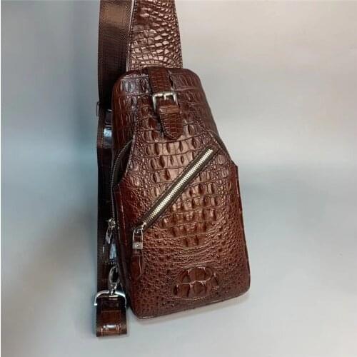 Authentic Real True Crocodile Skin Mens Small Brown Chest Purse Genuine Exotic Alligator Leather Male Cross Bag Messenger Bag
