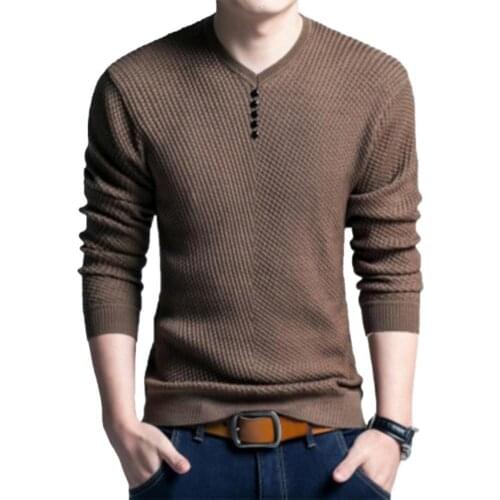 Men Autumn Fashion Long Sleeve Solid Color Slim- Fit V Neck Buttons Decor Knitwear Plus Size Bottoming Sweater Casual Pullovers