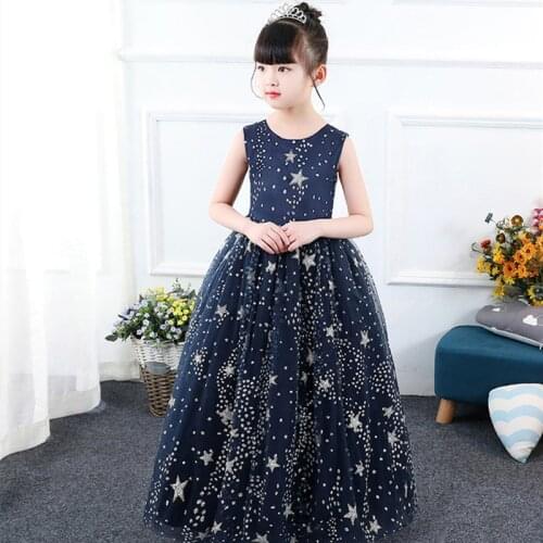 Childrens Dress Long Dress New Blue Star Print Girls' Princess Dress In Summer 2021