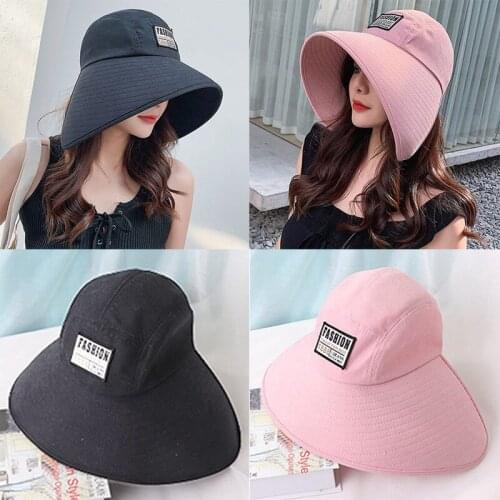 New Summer Women Sun Hats Cotton Cloth Hat Wide Large Brim Anti-UV Beach Caps Girls Travel Foldable Sunscreen Caps Bucket Hats