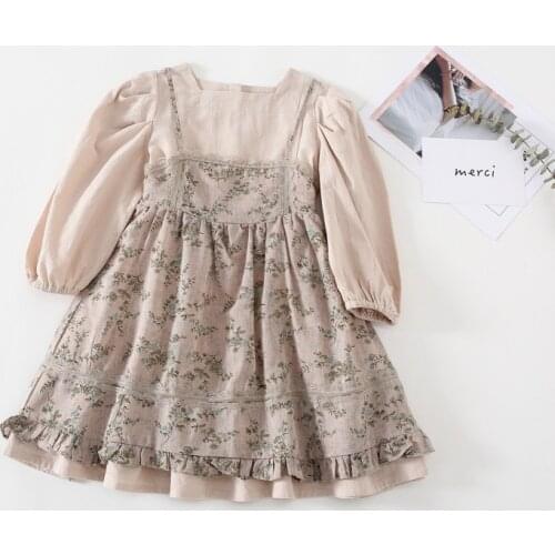 2020 Autumn New Products Korean Childrens Clothing Girls Solid Color Big Swing Cotton And Linen Dress + Floral Sling Dress