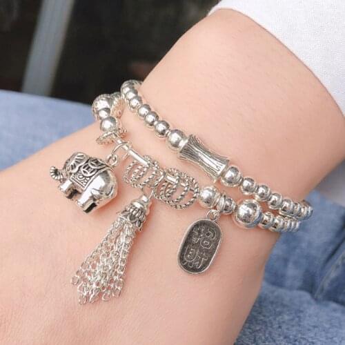 New Retro Bohemian Silver Plated Round Bead Bracelet ethnic style creative Chinese character lucky Bracelet womens jewelry