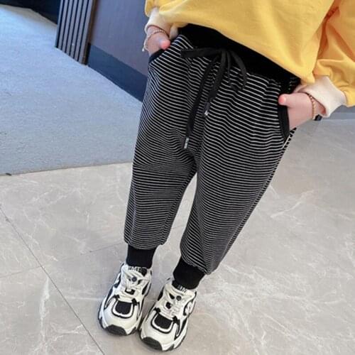2021 Autumn Baby Boys Girls Striped Screw Trousers Korean Style Kids Long Cotton Elastic Waist Sport Pants Knitted Casual Pants