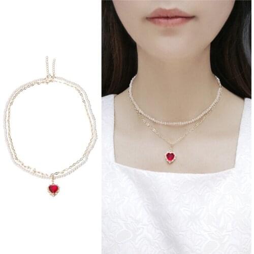 TWO ROWS Red Heart with Freshwater Pearl Necklace Jewelry Anniversary Party Wedding Gift for Women Girls Female 2pcs/lot