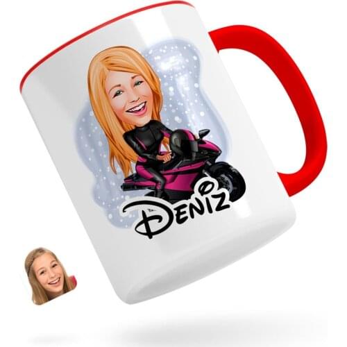 Personalized Women 'S Biker Caricature Of Red Mug Bardak-1