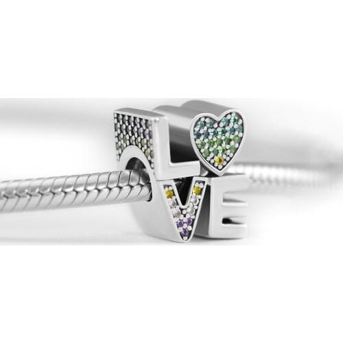Fits For Pandora Charms Bracelets Multi-Color Love Beads with Multi-Colored CZ 100% 925 Sterling-Silver-Jewelry Free Shipping