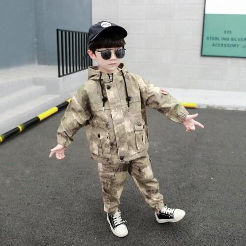 Autumn Casual Boys Street Wear 2 Piece Set Camouflage Hooded Cargo Jackets+Cargo Pants Sport Suit Children Tracksuit 24M-10T