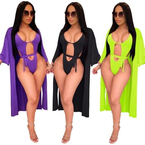 Sexy Lace Up Bikini Women Swimwear with Long Sleeve Cardigan Cover Up Swimsuit Hollow Out Bathing Beach Suit for Summer 2020