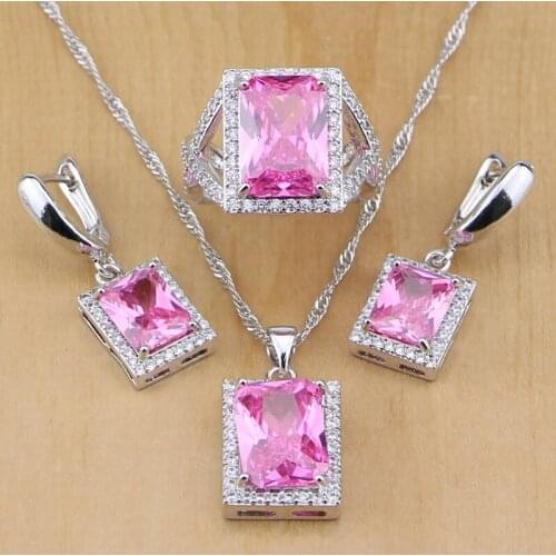 Squrae Pink Cubic Zirconia 925 Sterling Silver Jewelry Sets For Women Earrings/Pendant/Necklace/Ring Free Shipping&Gifts Box