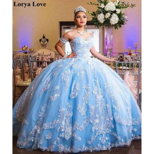 Light Blue Ball Gown Quinceanera Dresses 2020 New Women Fluffy Evening Dress Luxurious Sweet 18 Vestidos Elegant Long Prom Gowns