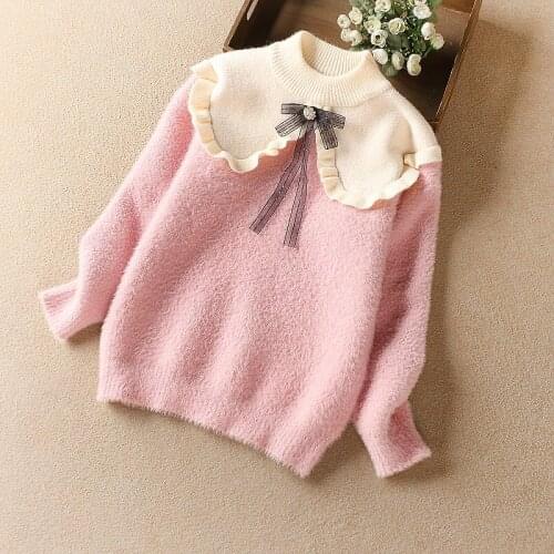 Girls Sweaters Thick Mink Fleece Sweater Winter Western College style Girly Lotus Leaf Lace Big kids Girls Sweater Warm Top Coat