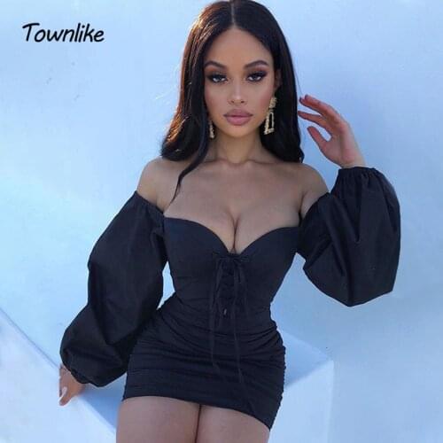 Townlike White Lace Up Sexy Dress For Women Off Shoulder Mini Backless Summer Dress 2020 Pleated Bodycon Party Dresses Vestidos