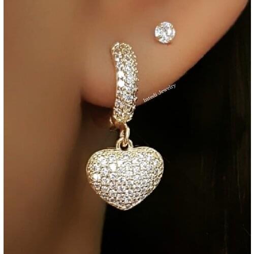 Vintage Heart Pendant Cubic Zirconia Stone Earrings For Women Luxury Gold Color Tiny Drop Earring Girl CZ Fashion party jewelry