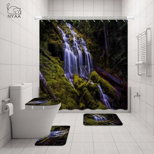3D Waterfall Landscape Waterproof Bathroom Shower Curtain Rug Set Sunshine Polyester Bath Curtain Non-slip Toilet Cover Bath Mat