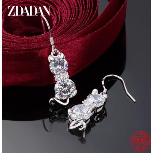 ZDADAN 925 Sterling Silver Cat Crystal Drop Earrings For Women Fashion Engagement Party Jewelry Gift