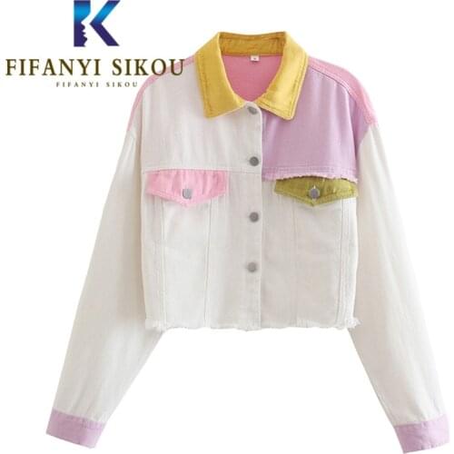 Jeans Jacket Women 2021 New Spring Fashion Spliced Pocket Lapel Short Denim Jackets Streetwear Loose Patchwork Jeans Coat Female