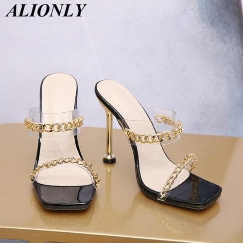 ALIONLY Clear PVC Transparent High Heel Slippers for Women 2021 Summer Chain Design Slip On Square Toe Slides Mules Pumps