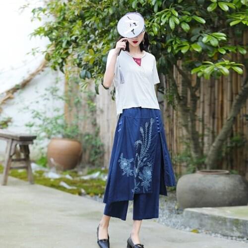 Wide Leg Harem Pants Trousers 2021 Chinese Style Streetwear Women Ethnic Vintage Embroidery Loose Long Cotton Linen Pants KK3663