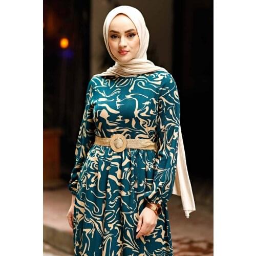 Richkeda Store New 2021 Straw Belt Wave Pattern Dress Ramadan Kaftan Dubai Abaya Turkey Muslim Women Hijab Dress Muslim Women