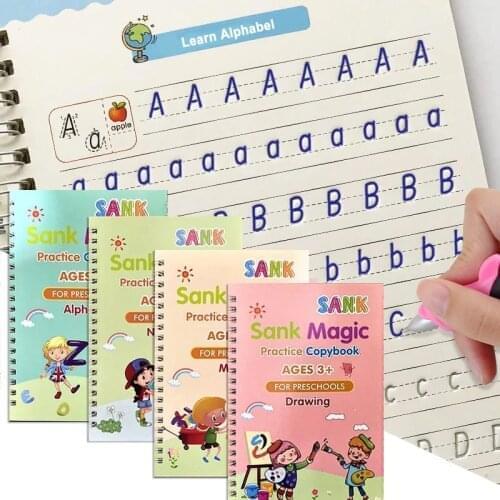 4 Books/Sets of Childrens Magic Books, Reusable 3D Calligraphy Copybooks, English Number Lettering Magic Practice Copybooks