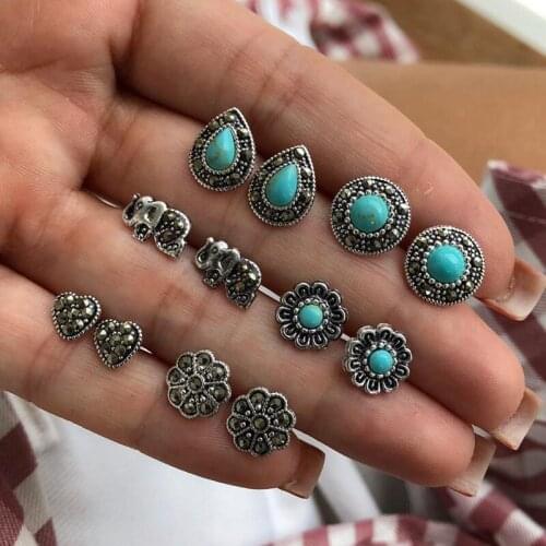 6 Pair/Set Bohemian Fashion Carved Natural Stone Flower Elephant Stud Earring for Women