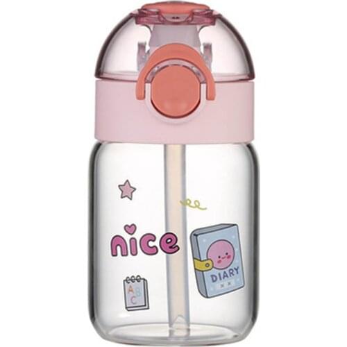 Childrens Cartoon Glass Water Bottles Baby Straw Feeding Cup Milk Bottle Leak-Proof Glass Cup School Student Drink Kettle