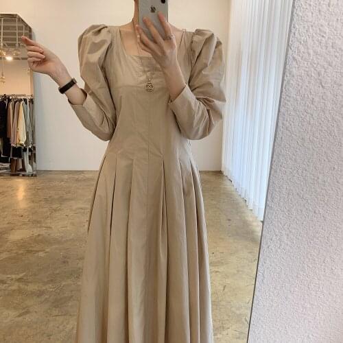 Korean Square Collar Long Dress Puff Long Sleeve Vintage Casual Cotton Spring Midi Dress Loose High Waist Elegant Office Lady