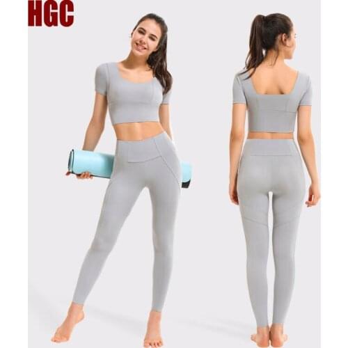 HGC Yoga Set Short Women Sleeve Naked-feel Fabric Buttery-Soft Yoga Suit Sports Leggings Top Fitness Sexy GYM Running Sportwear