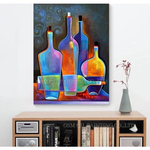 Skills Artist Handmade High Quality Abstract Colorful Bottles Oil Painting on Canvas Modern Wine Bottle Oil Painting Picture