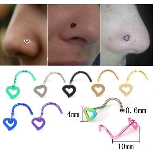 10pcs Anodized Stainless Steel Love Nose Ring Nostril Hoop Silver Black Heart Fake Nose Piercing Women Accessories Body Jewelry