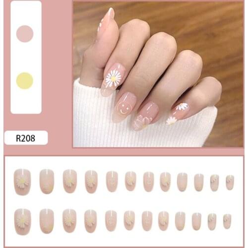 24pcs/Set False Nails White Daisies Fake Nails with Glue Wearable Removable Artificial Fashion Design For Women Faux Ongles