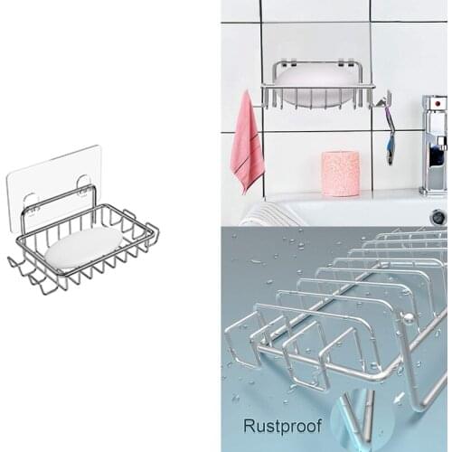 Soap Holder For Shower Wall With 4 Hooks, Stainless Steel Adhesive Soap Dish For Bathroom, Silver