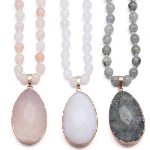 2020 New 3 Color Bohemian Tribal Jewelry Pendant Necklace Natural Semi Preciou Stones Drop Pendant Stone Long Necklace for Women