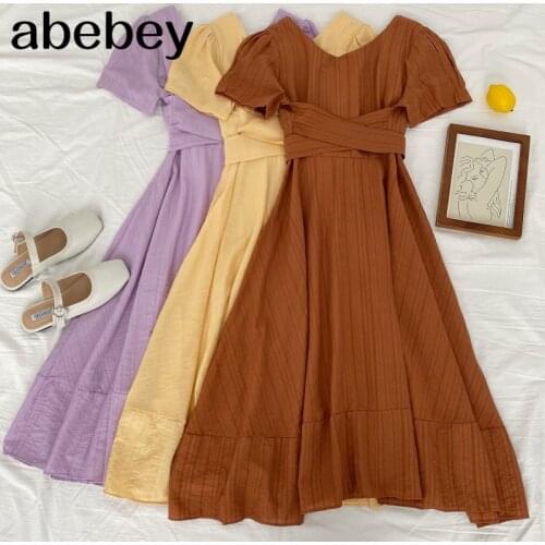 2021 New Summer Fashionable All-match open back Dress waist closing bandage short sleeve medium length A-line Dress