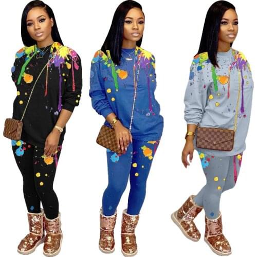 2021 Spring and Autumn New Womens Fashion Splash Ink Printing Leisure Loose Long Two Piece Set