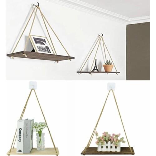 New Premium Wood Swing Hanging Rope Wall Mounted Floating Shelves Home Bathroom Outdoor Flower Pot Wooden Swing Shelf Decoration