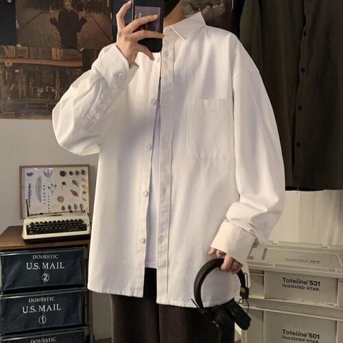 Pure white Long Sleeve Shirt Mens youth loose large fashion simple casual shirt autumn and winter solid color coat Cotton 100