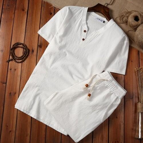 Shirt + shorts) 2021 summer men shirt Man Cotton and linen shirts Short sleeve mens fashion casual shirts men size M to 5XL