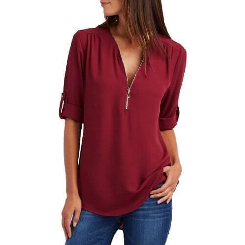 5xl Plus Size Red Shirts For Office Shirts And Tops Korean Style Womens Zipper V-neck Casual Solid Tops Blouse Loose Shirt