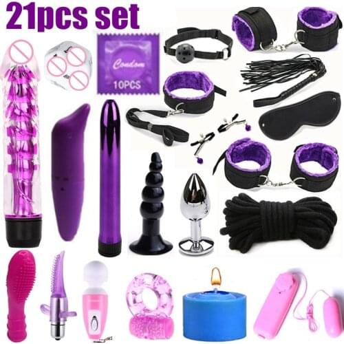 Sex Toys Nylon BDSM Sex Bondage Set Sexy Lingerie Handcuffs Whip Rope Anal Vibrator Sex Products 21pcs set