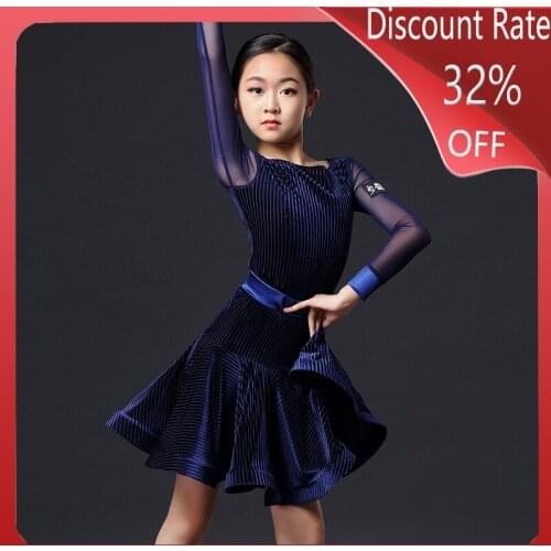 Latin Dance Clothes For Girls Children Blue Long Sleeve Tops Fish Bone Dance Skirt Girl Latin Dance Dress Practice Dress DQS3653