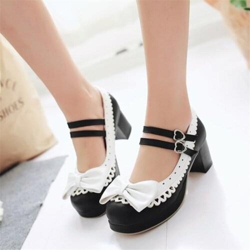 Sweet Bow Buckle Female Footwear High Heel Big Size 30-46 Pumps Lolita Shoes Woman New 2020 Fashion 5cm Height Lady Pumps Shoes