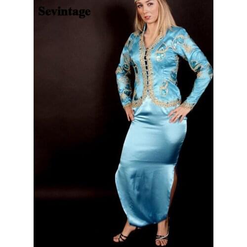 Sevintage 2 Pieces Long Sleeves Evening Dresses Karakou Algerian Sequines Appliques Lace Prom Gowns Satin Formal Party Dress
