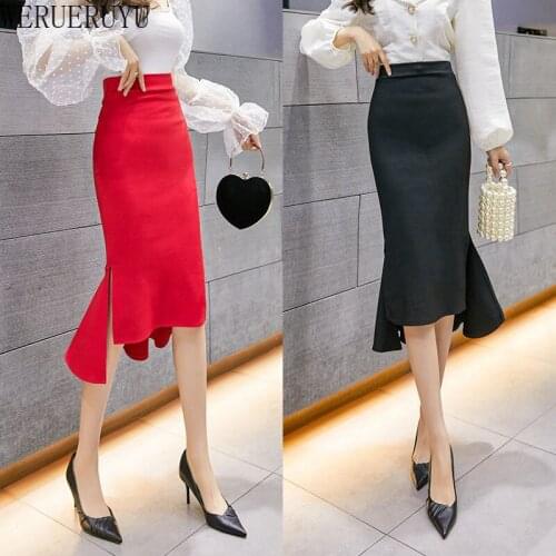 WERUERUYU Spring Fall Korean Chic Ruffles Slim High Waist Mermaid Skirts Women Wild Solid Color Wrap Hip Knitted Trumpet Skirt