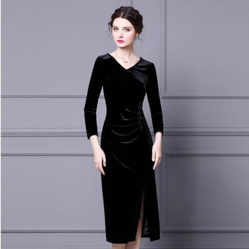 Womans Black V-Neck Spring Long Sleeve Pencil Skirt Dark Blue And Red Pleated Medium Dress Split Charming Elegant Autumn Skirts