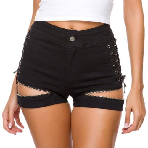 New Women Zipper Denim High Waist Sexy Bandage Jeans Shorts Nightclub Pole Dance Shorts