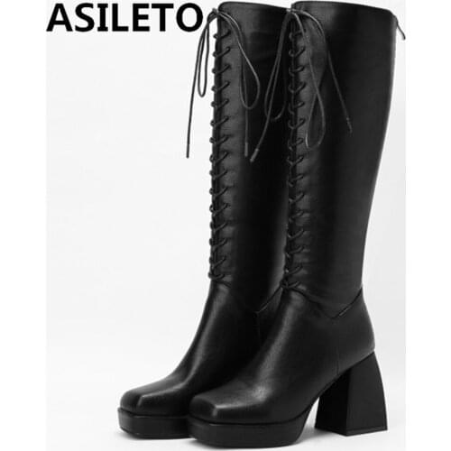 Black White Brown Women Knee High Boots Platform Thick High Heel Ladies Lace Up Faux Leather Square Toe Womens Boots S2352