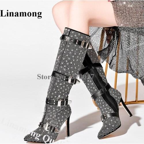 Linamong Bling Bling Rhinestone Stiletto Heel Knee High Gladiator Boots Pointed Toe Buckles Straps Crystal Long High Heel Boots